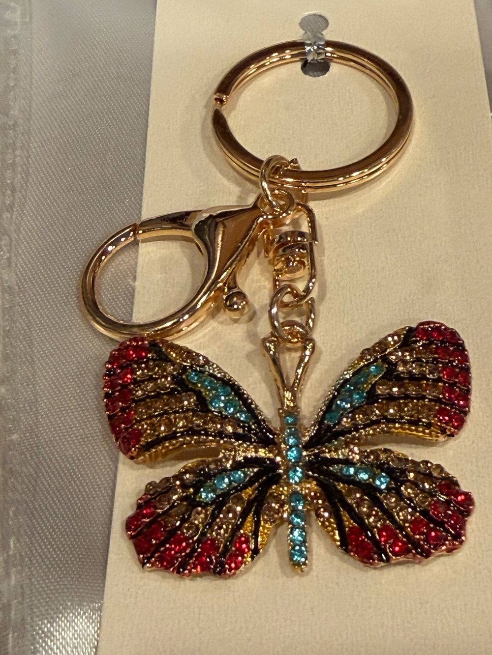 Gold Butterfly Keychain with Red and Turquoise Rhinestones